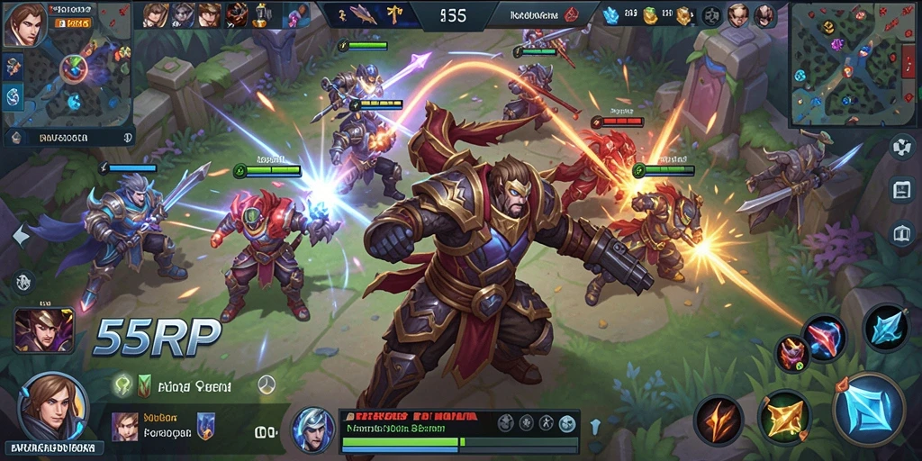 Tangkapan layar dari gameplay seru 55RP dalam mode pertempuran MOBA.