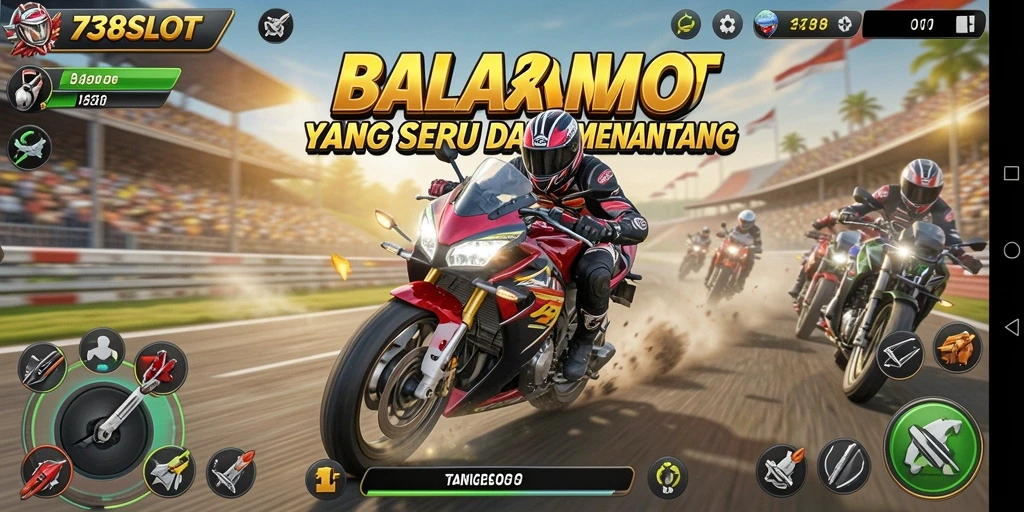 Screenshot permainan <strong>738SLOT</strong> menampilkan aksi balapan motor yang mendebarkan.