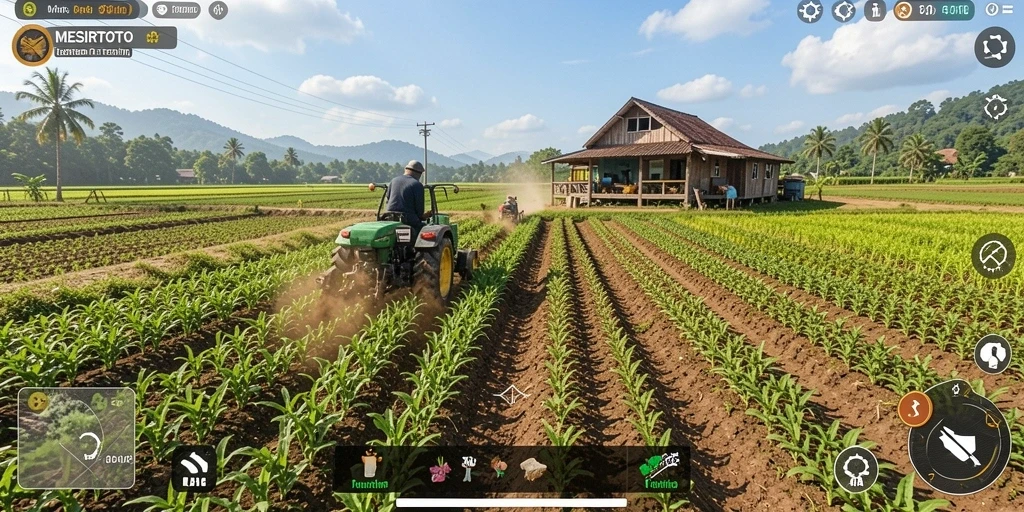 Screenshot gameplay MESIRTOTO menampilkan lahan pertanian yang subur dan tanaman yang sedang berkembang.
