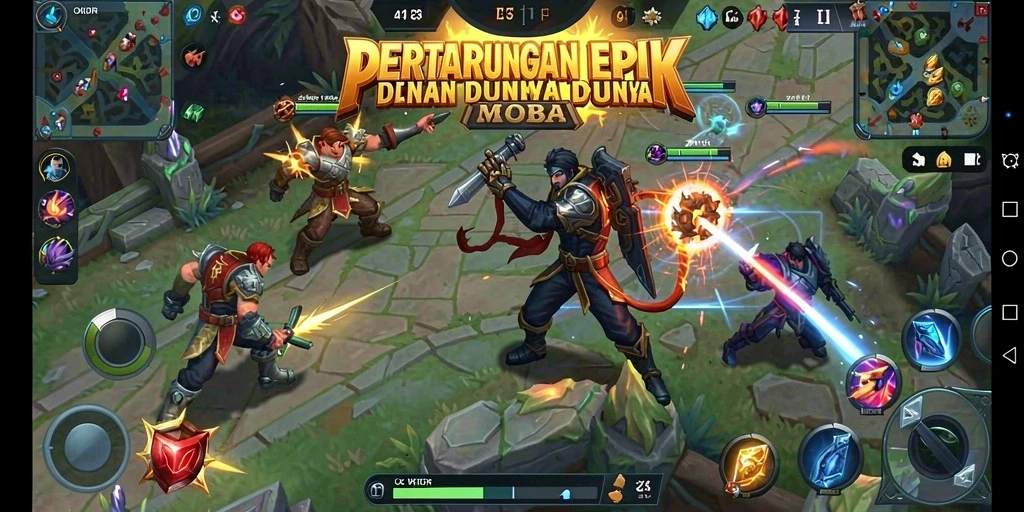 Screenshot utama OKIDR menampilkan aksi intens dalam pertempuran MOBA.