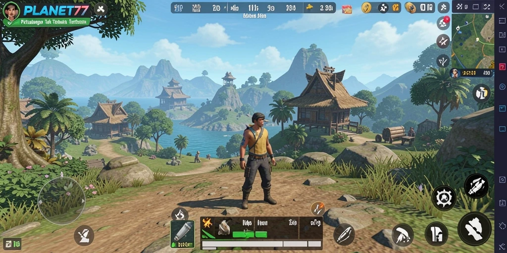 Screenshot gameplay <strong>PLANET77</strong> menunjukkan eksplorasi mendalam dunia terbuka.